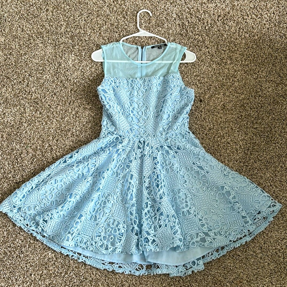 Light Blue lace dress. See through top, flattering and feminine
